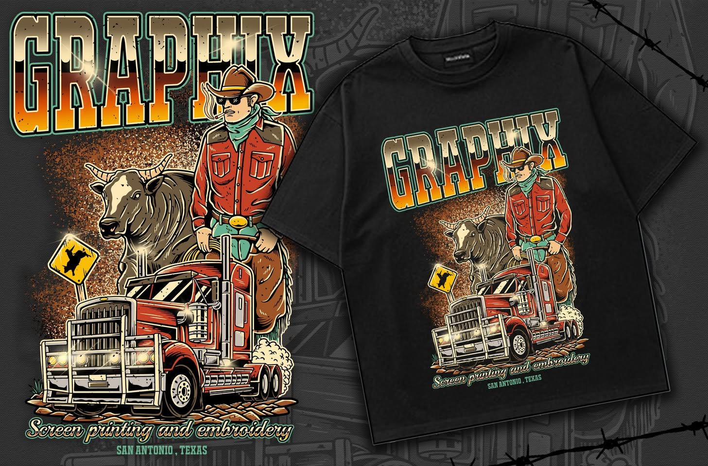 Black t-shirt with a graphic design of a cowboy, cow, and truck on a dark background.