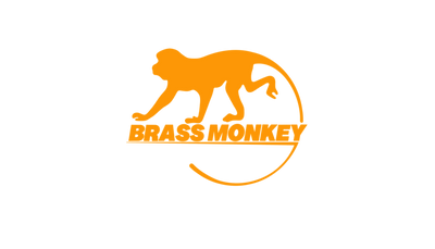 A logo of a monkey with a long teal and the name of the company under it. Brass Monkey is the company.