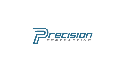 A logo of a general contracting company with blue and gray letters. Precision Contracting is the company. 