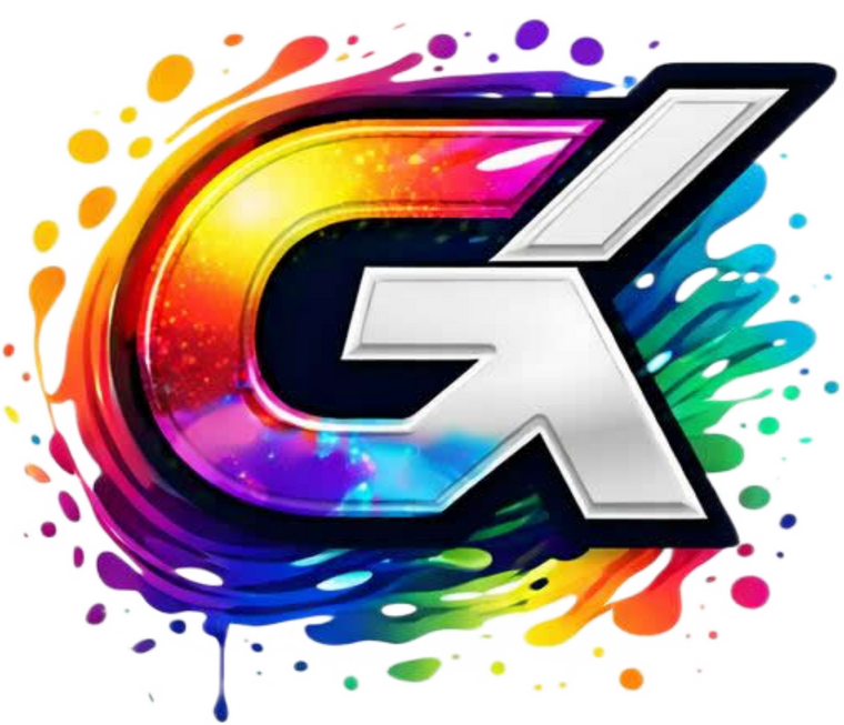 Colorful logo with a stylized letter 'G' on a white background