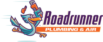 Logo of Roadrunner Plumbing & Air with a cartoon roadrunner character holding a wrench.