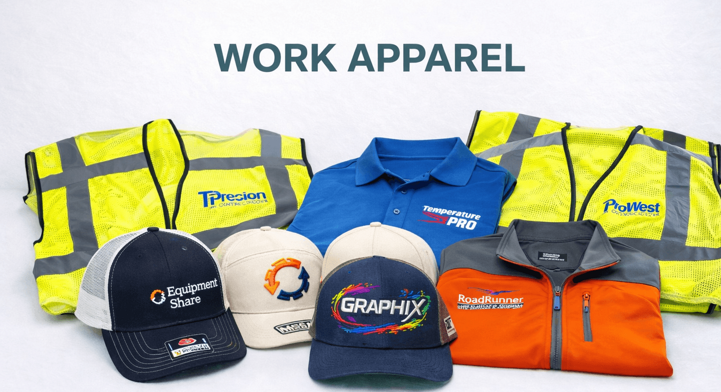 Collection of work apparel including jackets, shirts, and hats at shop for screen printing in san antonio.