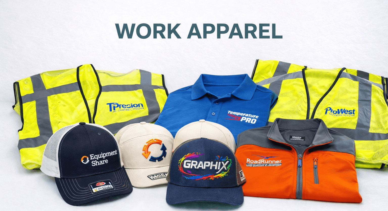 Collection of work apparel including jackets, shirts, and hats at shop for screen printing in san antonio.